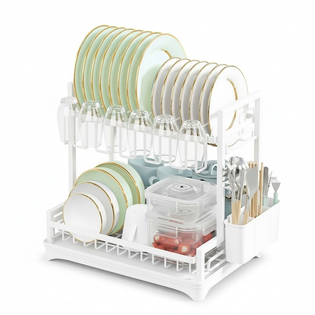 CARLA HOME Dish Drying Rack 2-Tier Kitchen Drainer with Drainboard (White) - Image 10