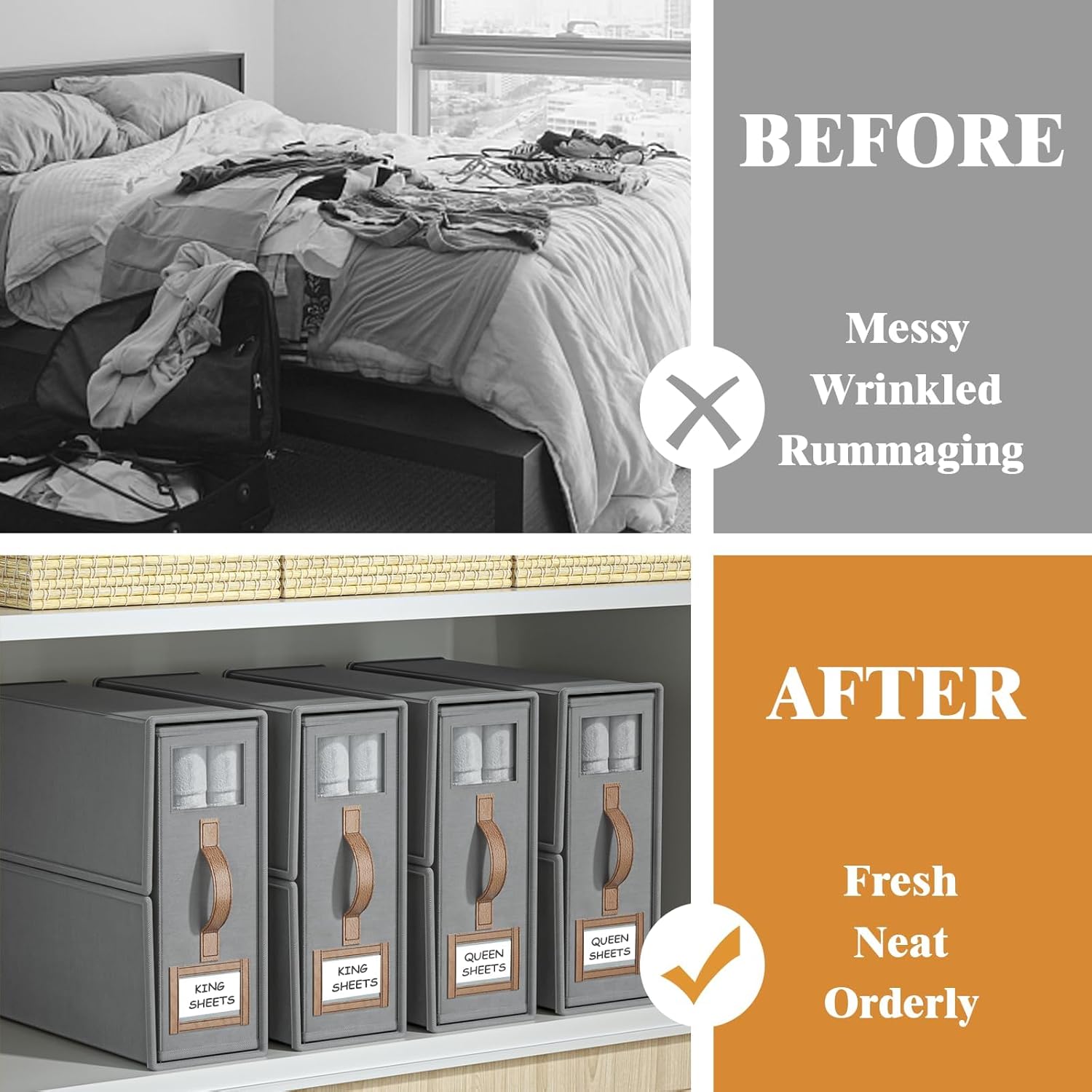 CARLA HOME Bed Sheet Organizer Set of 4 with Handle & Window for Covers, Pillowcases, Blankets, Clothes & Sheets (Grey) - Image 3