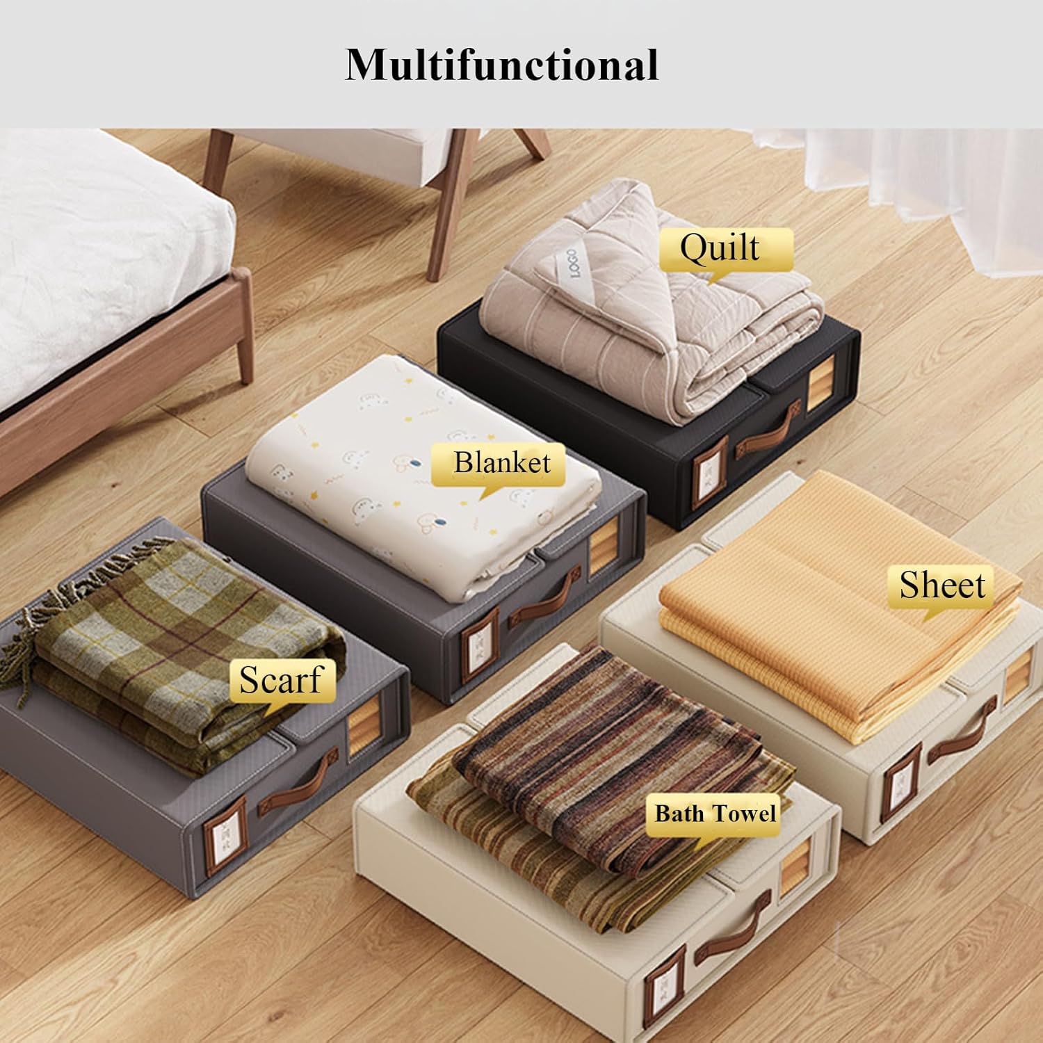 CARLA HOME Bed Sheet Organizer Set of 4 with Handle & Window for Covers, Pillowcases, Blankets, Clothes & Sheets (Grey) - Image 5