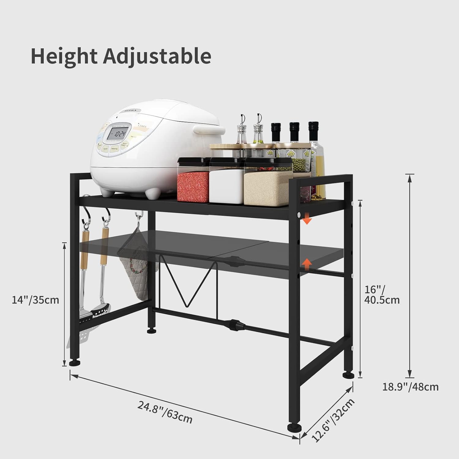 CARLA HOME 2-Tier Microwave Oven Rack with Adjustable Metal Kitchen Shelf Stand for Countertop Storage and 6 Hooks for Utensils (Black) - Image 3