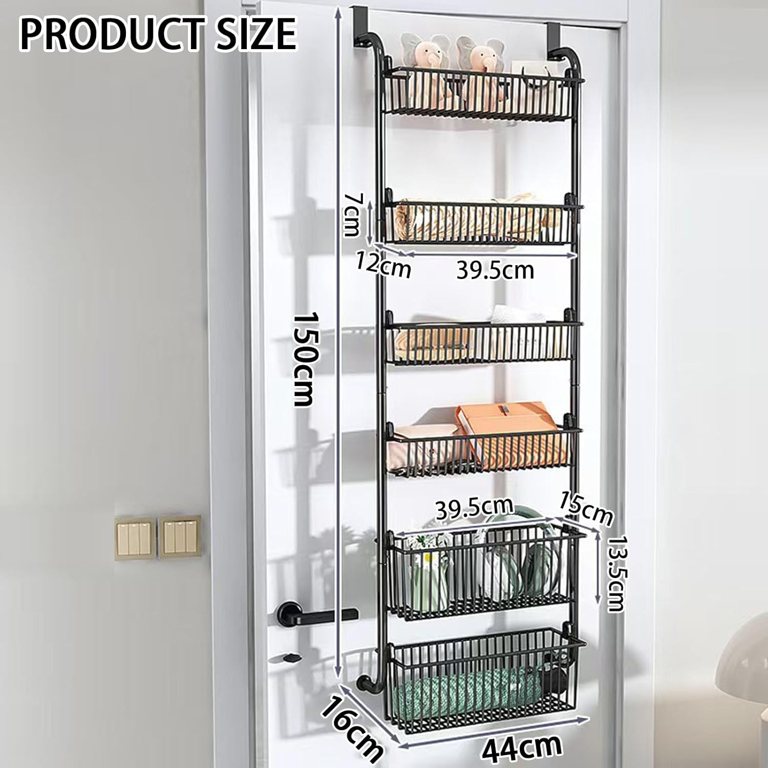 CARLA HOME 6-Tier Over the Door Organizer Heavy-Duty Metal Pantry Rack with Hanging Baskets for Home Kitchen Storage & Bathroom Door Organization (Black) - Image 2