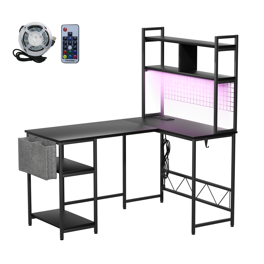 Levede L Shaped Gaming Desk with LED Lights Black - Image 9