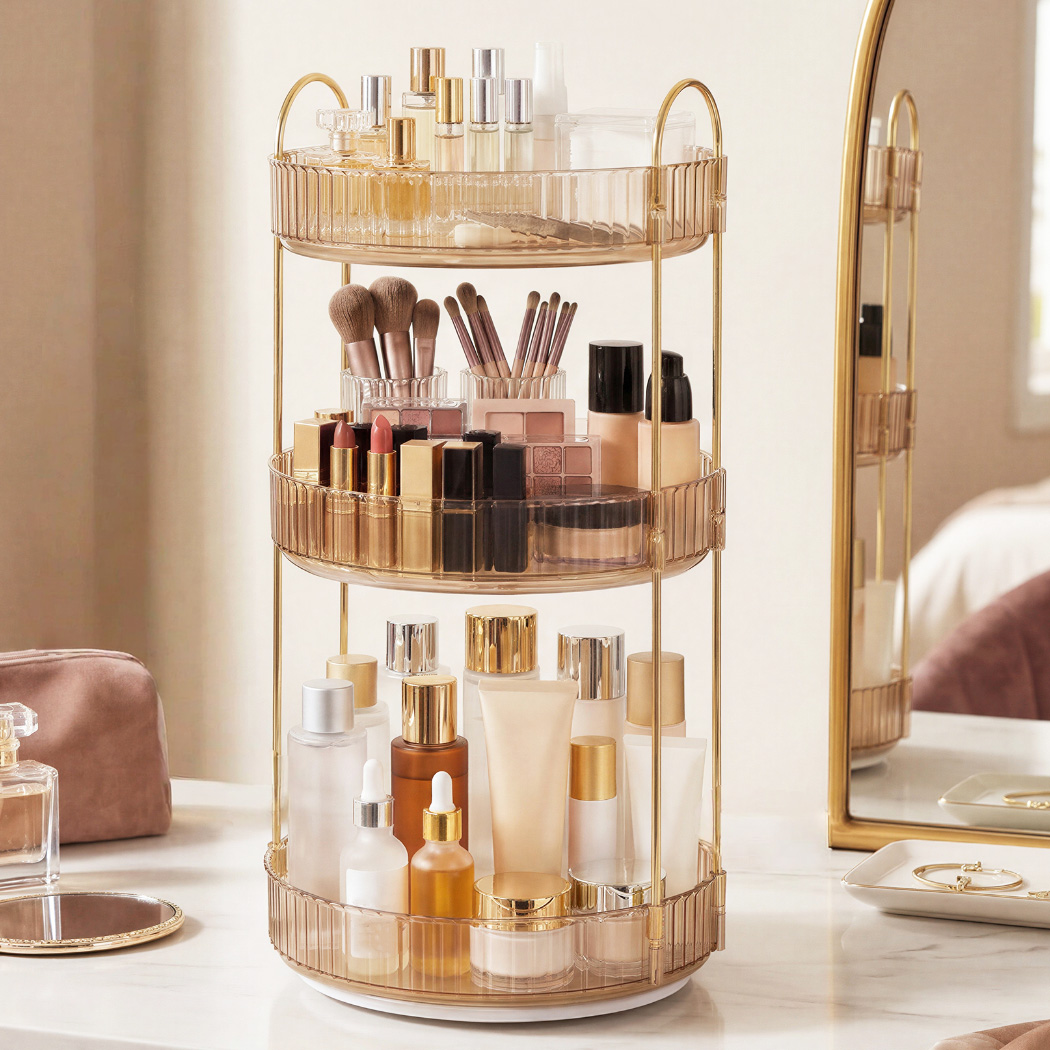 Ilus 360� Roating Makeup Organiser Vanity Countertop Shelf Cosmetic Holder Gold - Image 8
