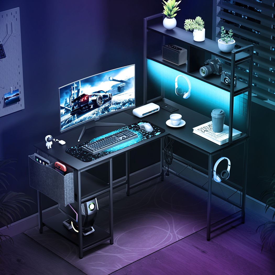 Levede L Shaped Gaming Desk with LED Lights Black - Image 8