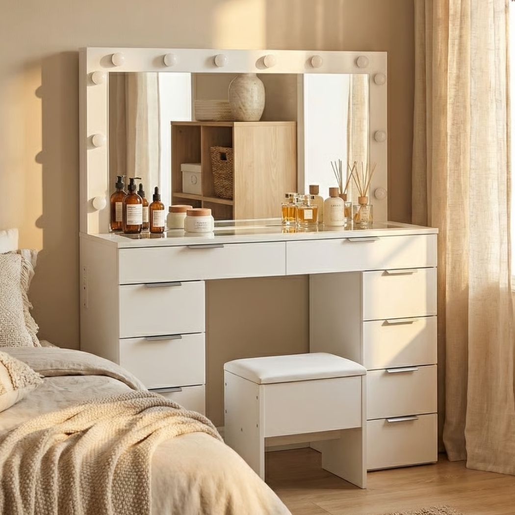Levede Dressing Table LED Makeup Mirror Stool Set Vanity Desk Cabinet 10 Drawers - Image 7