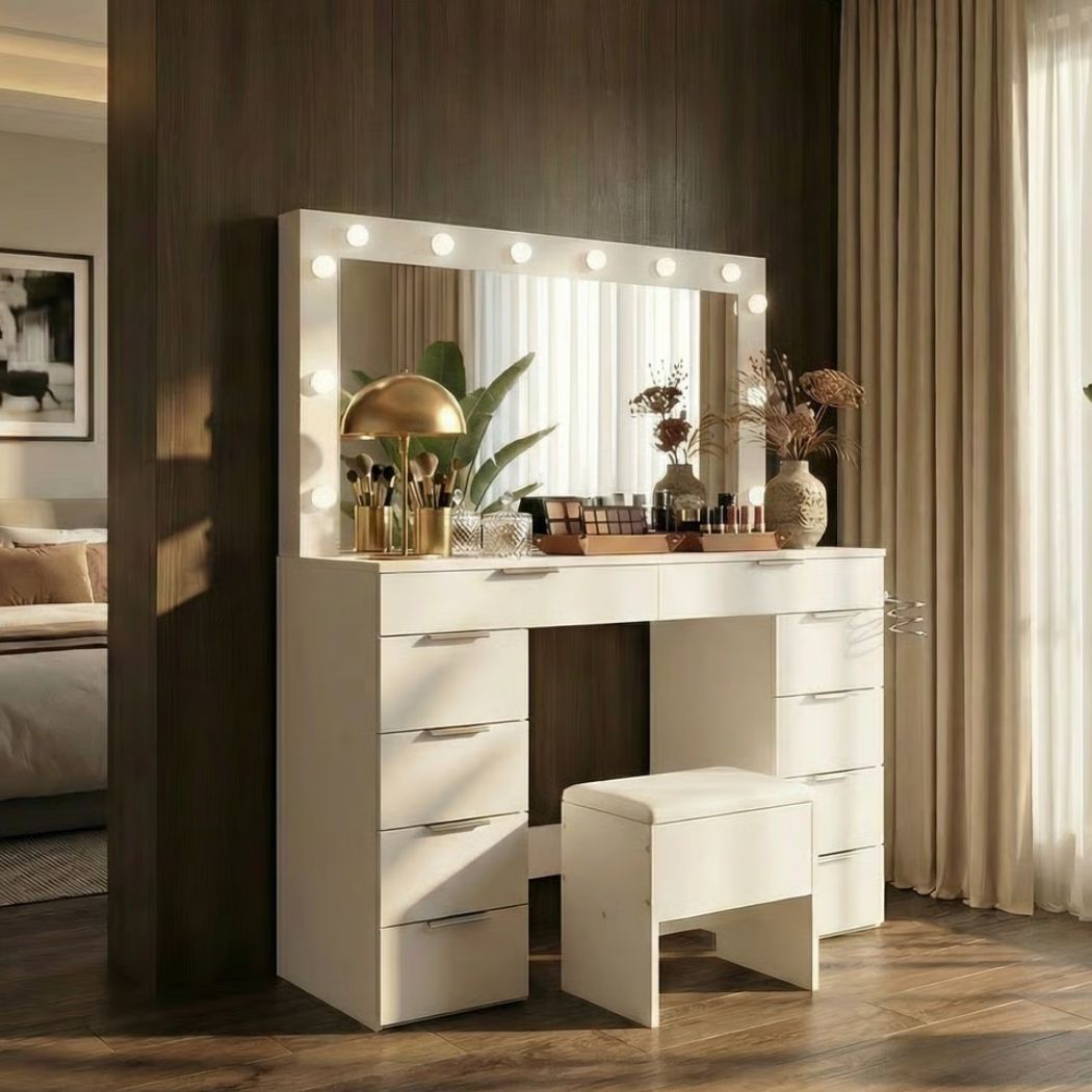 Levede Dressing Table LED Makeup Mirror Stool Set Vanity Desk Cabinet 10 Drawers - Image 9