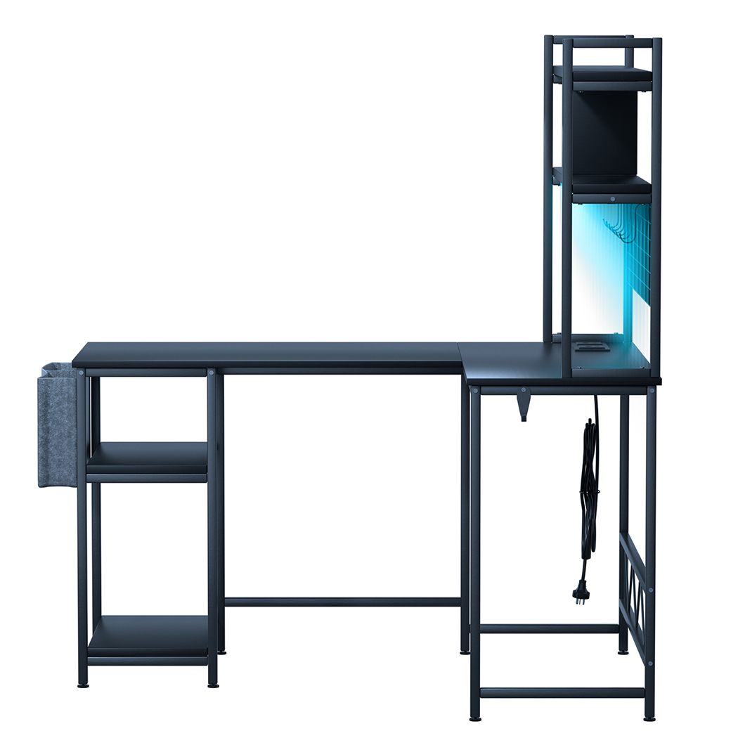 Levede L Shaped Gaming Desk with LED Lights Black - Image 2