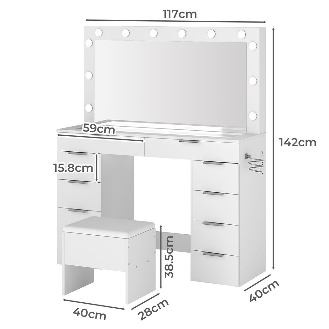 Levede Dressing Table LED Makeup Mirror Stool Set Vanity Desk Cabinet 10 Drawers - Image 3