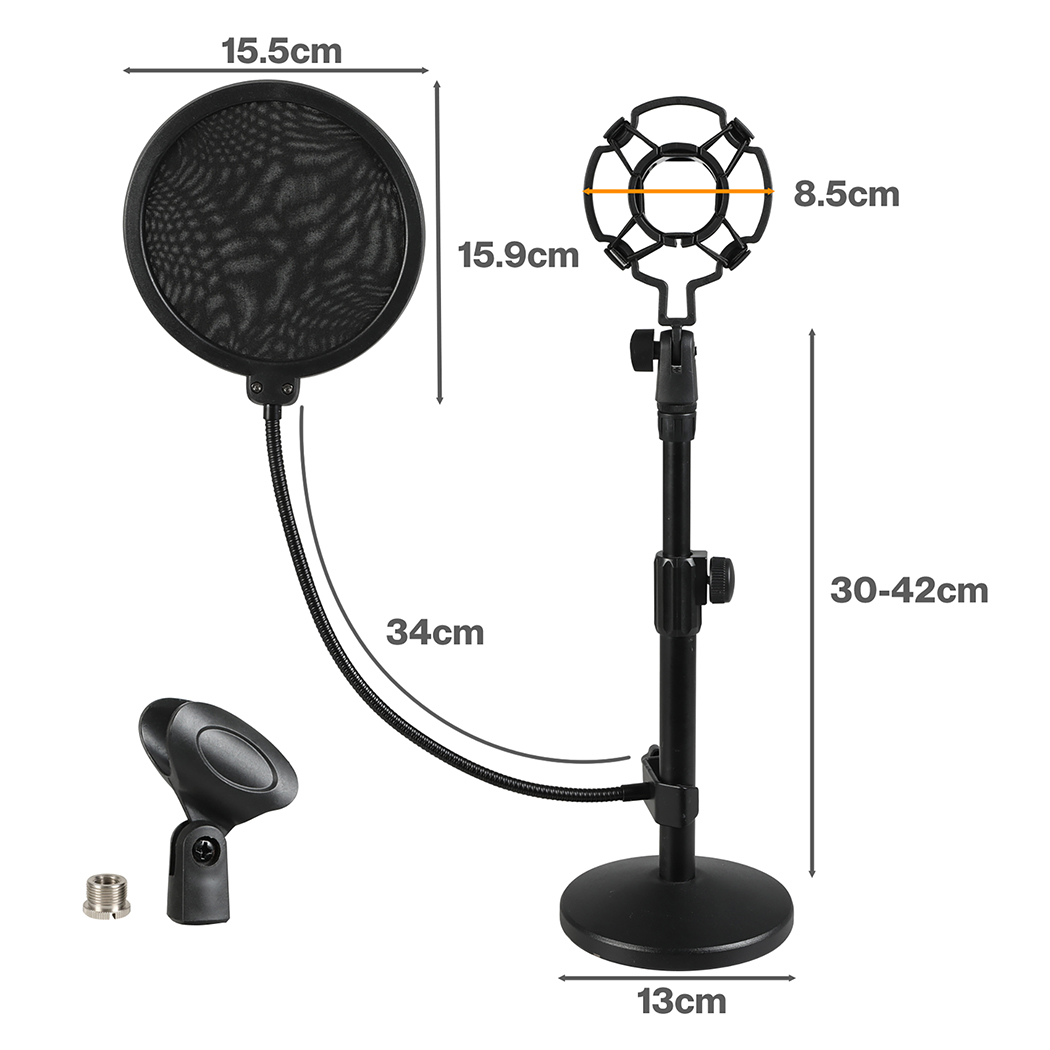 Levede Desktop Microphone Stand Adjustable Pop Filter Shock Mount Base Kit Black - Image 3