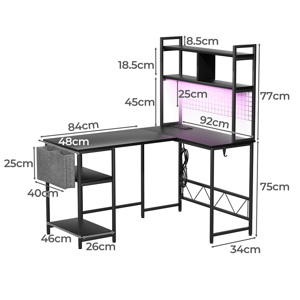 Levede L Shaped Gaming Desk with LED Lights Black - Image 3