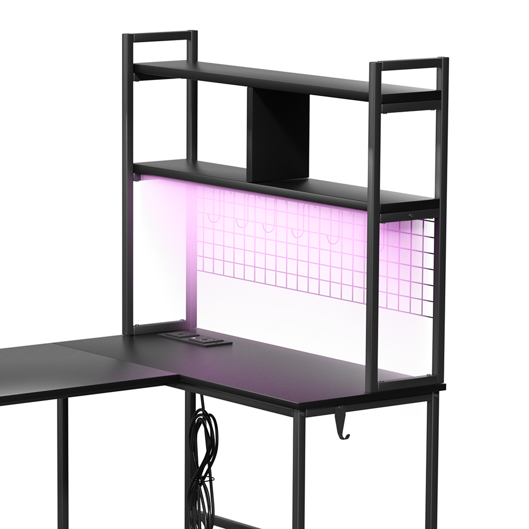 Levede L Shaped Gaming Desk with LED Lights Black - Image 4